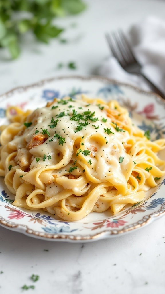 A creamy chicken alfredo noodle casserole topped with parsley.