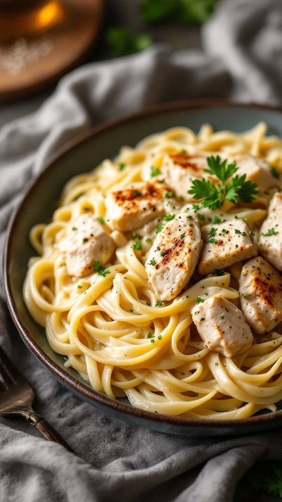 A bowl of creamy Chicken Alfredo with fettuccine, garnished with parsley.