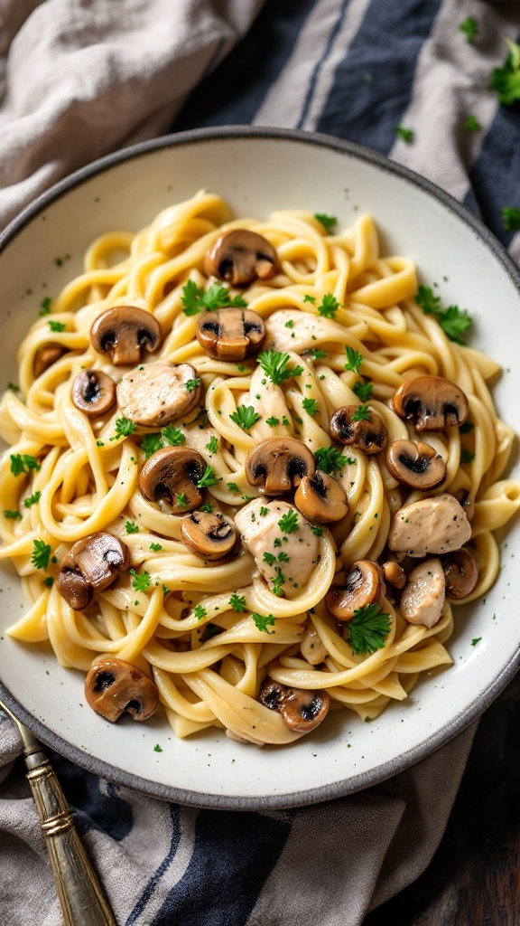 A bowl of Classic Chicken Alfredo with Mushrooms served on a plate.