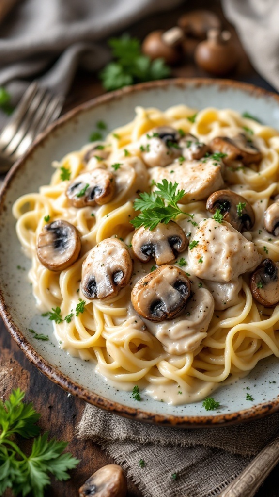 A plate of creamy chicken and mushroom Alfredo pasta with parsley garnish.