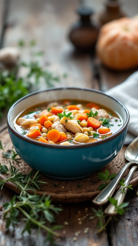 A bowl of classic chicken and barley soup with vegetables.