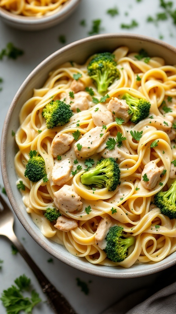 Classic Chicken and Broccoli Alfredo dish with fettuccine, chicken, and broccoli