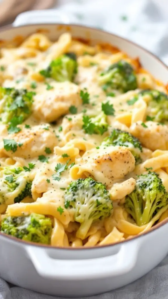 A creamy chicken and broccoli alfredo bake dish with pasta and garnished with parsley.