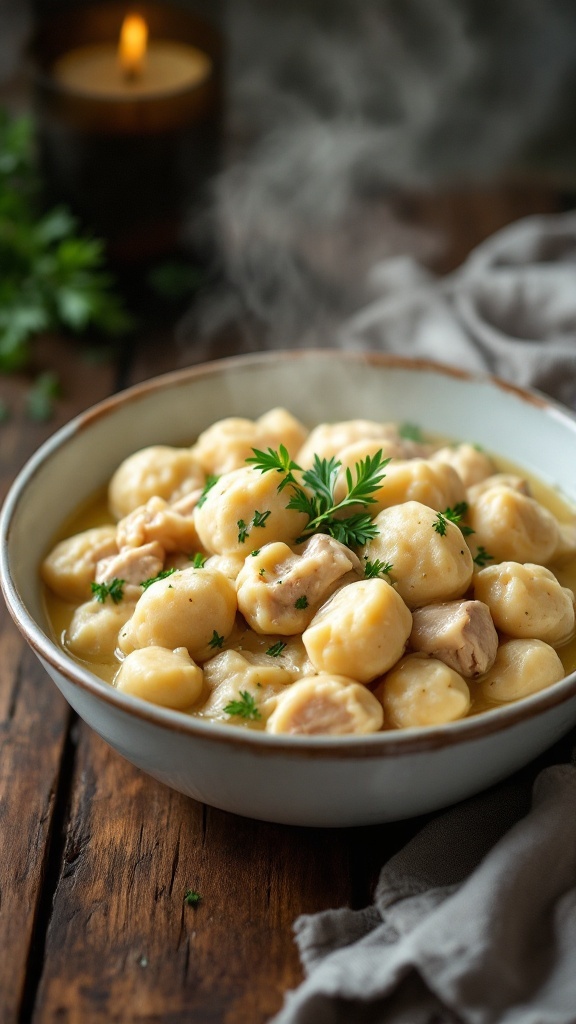 A bowl of classic chicken and dumplings with fluffy dumplings and tender chicken