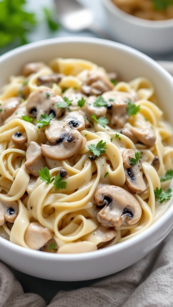 A creamy pasta dish featuring chicken and mushrooms.