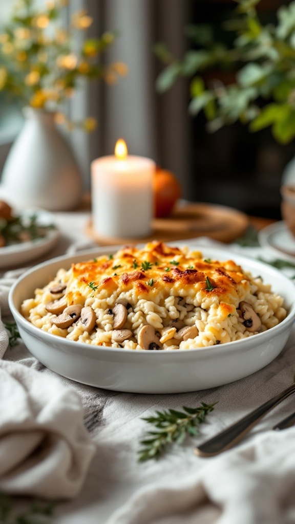 Classic chicken and mushroom rice casserole served in a bowl