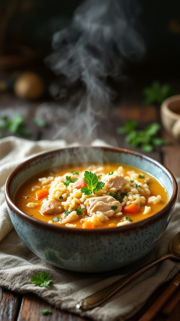 Bowl of steaming chicken and rice soup with vegetables