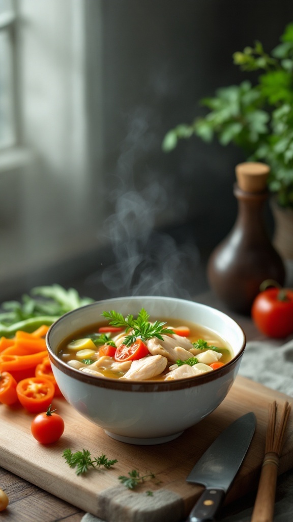 A bowl of classic chicken and vegetable broth with fresh ingredients and herbs