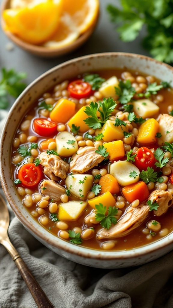 A bowl of classic chicken barley vegetable medley soup