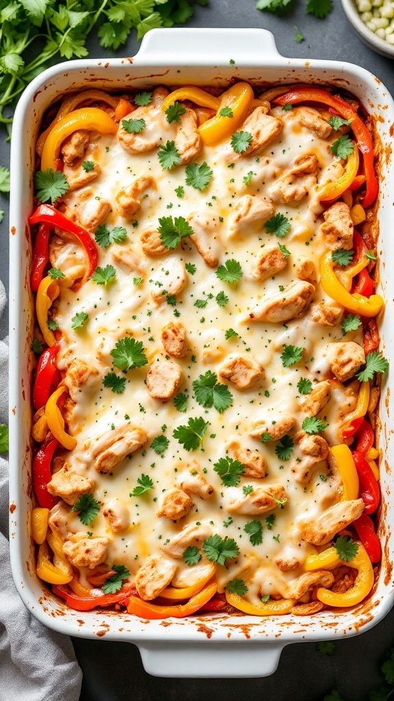 Classic Chicken Fajita Casserole with cheese and colorful vegetables