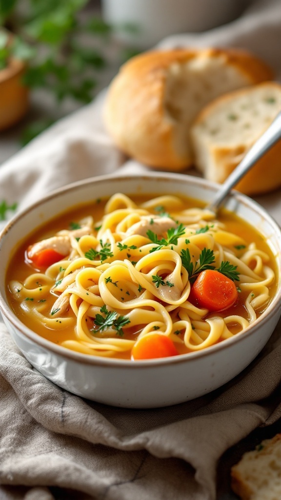 A bowl of classic chicken noodle soup with carrots and parsley, accompanied by a piece of bread.