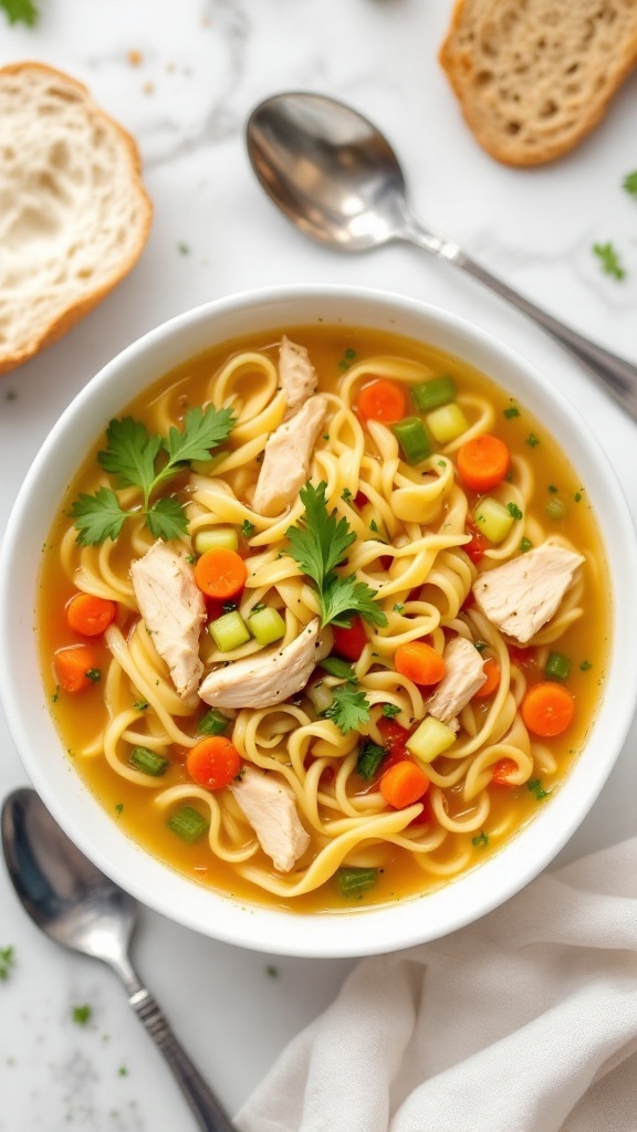 A bowl of classic chicken noodle soup with vegetables and noodles.