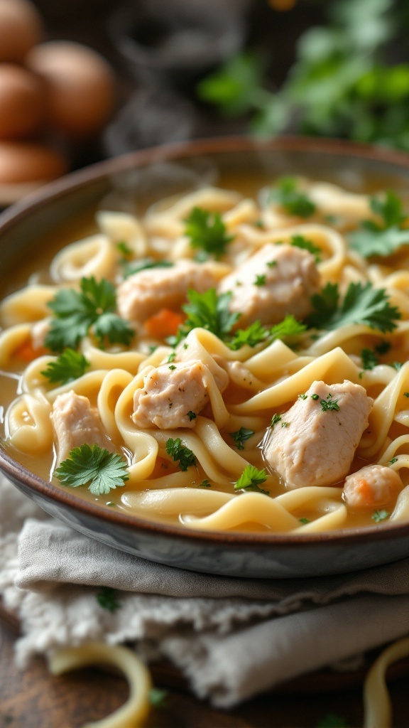 A bowl of classic chicken noodle soup with egg noodles, chicken, and herbs.