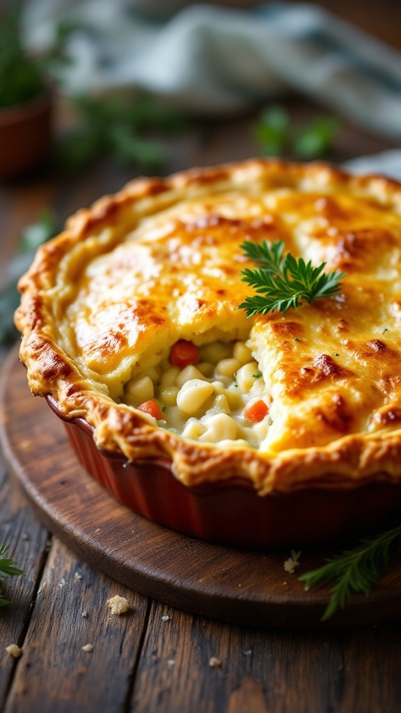 A golden brown chicken pot pie with flaky crust, filled with creamy chicken and vegetables