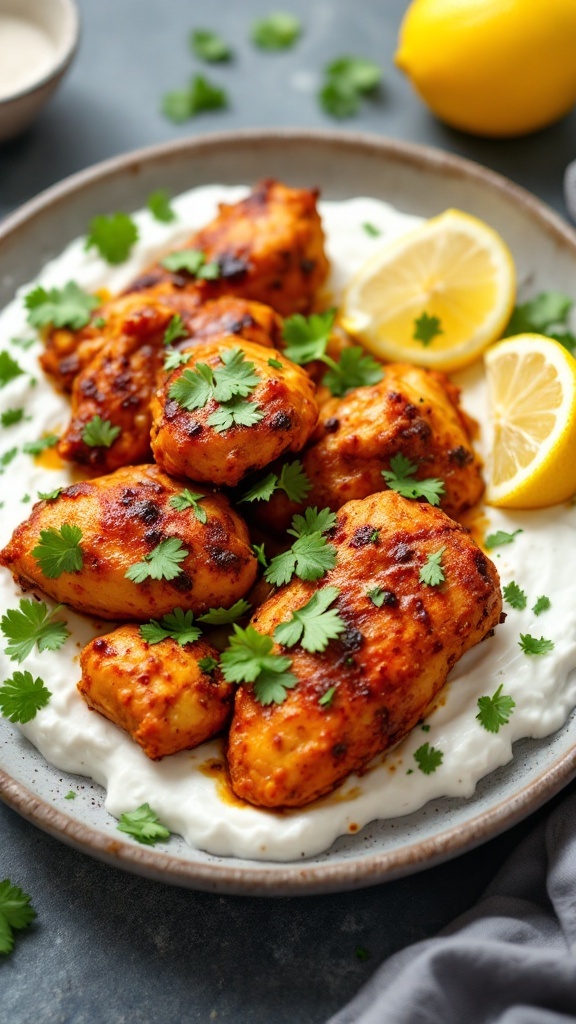 Classic Chicken Tikka with vibrant spices and garnished with fresh cilantro.