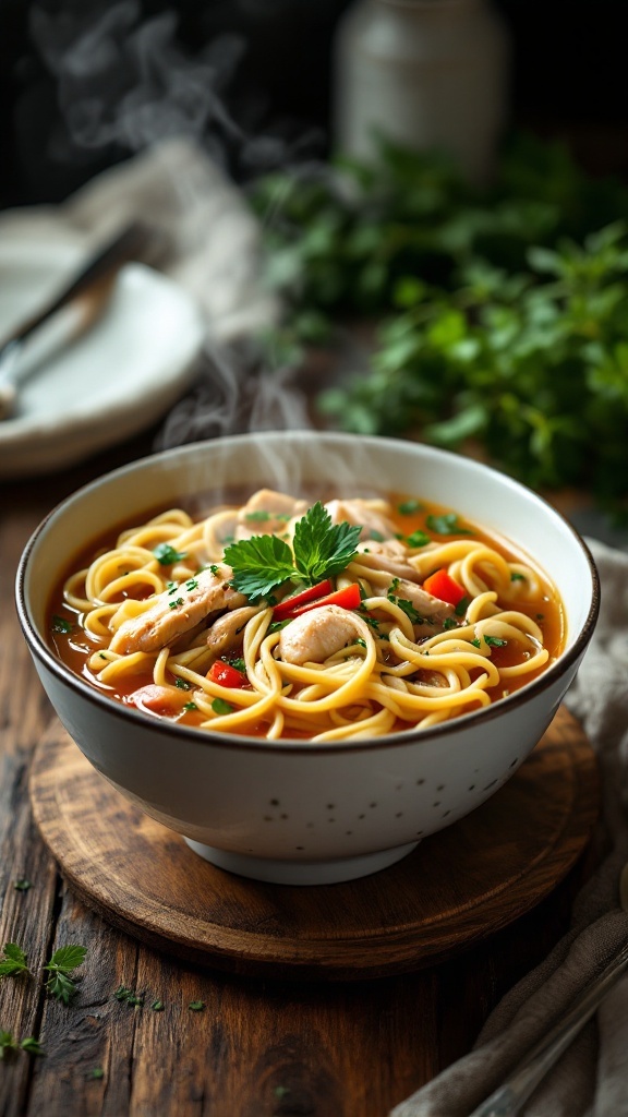 A bowl of classic chicken noodle soup with herbs and noodles.