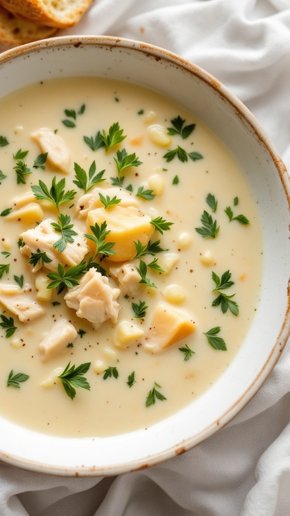 A bowl of classic cream of chicken soup garnished with parsley.