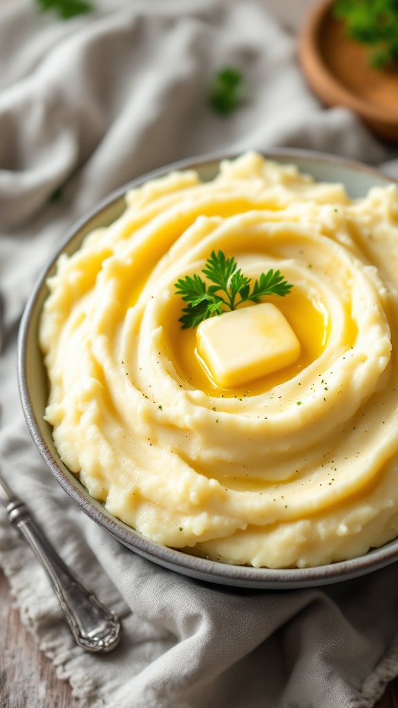 Classic creamy mashed potatoes with butter and garnish