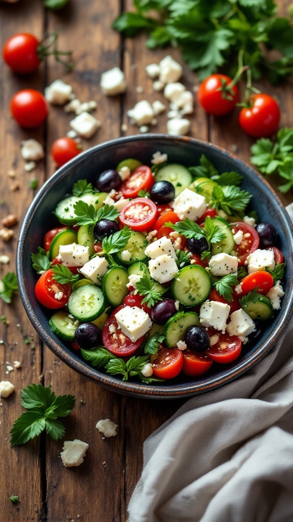 A vibrant Greek salad bowl filled with tomatoes, cucumbers, onions, olives, and feta cheese.