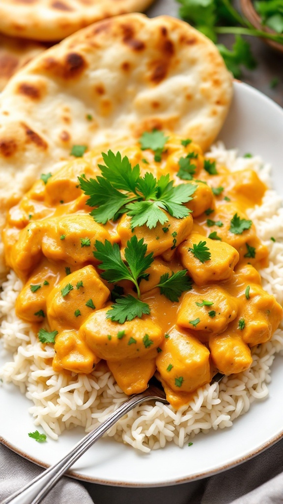 A plate of butter chicken served with rice and naan, garnished with fresh cilantro.