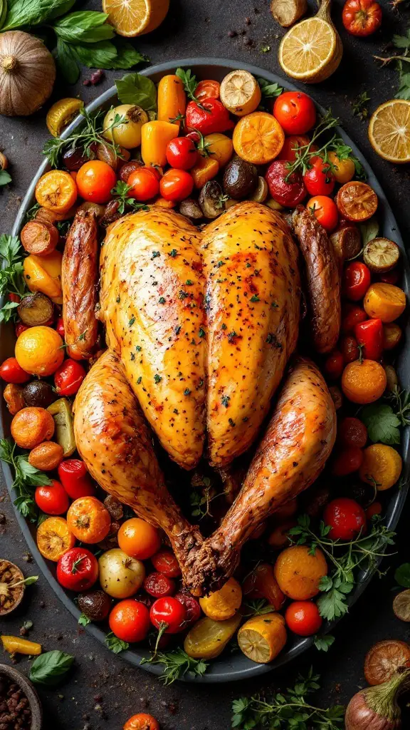 A golden roast chicken surrounded by colorful roasted vegetables.