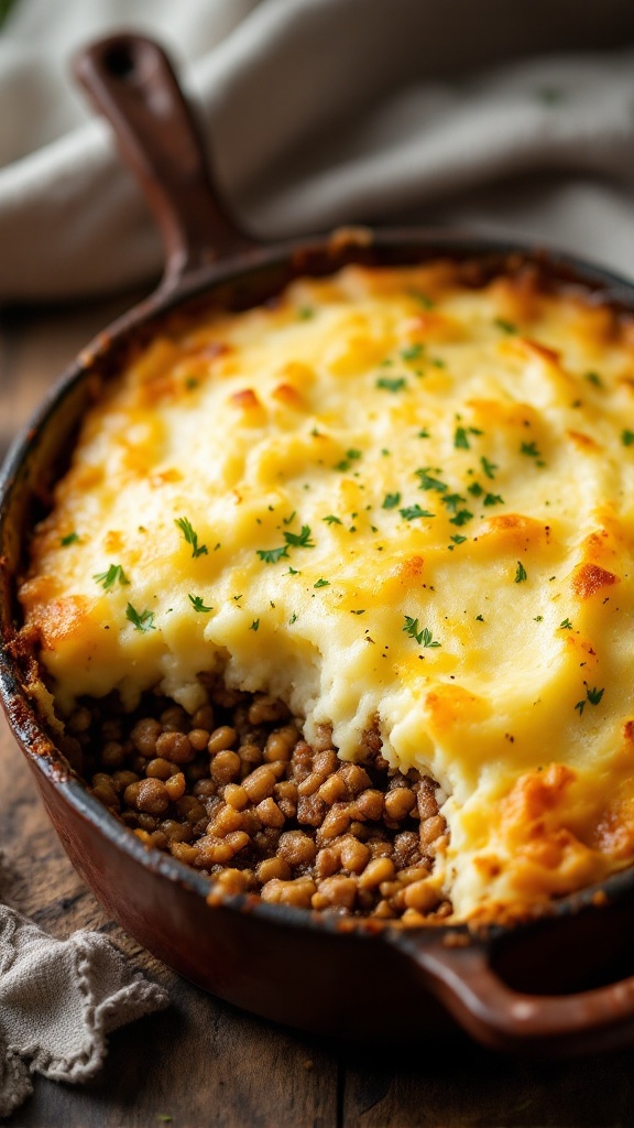 A delicious serving of classic Shepherd's Pie topped with creamy mashed potatoes.