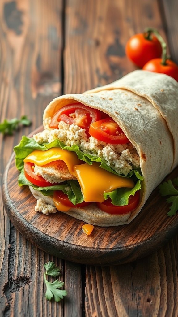 A delicious classic tuna melt wrap with cheddar cheese, lettuce, and tomatoes.