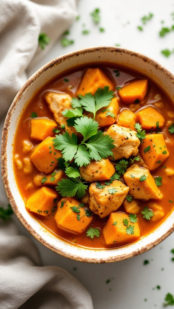 A bowl of Coconut Chicken and Sweet Potato Stew garnished with fresh cilantro.