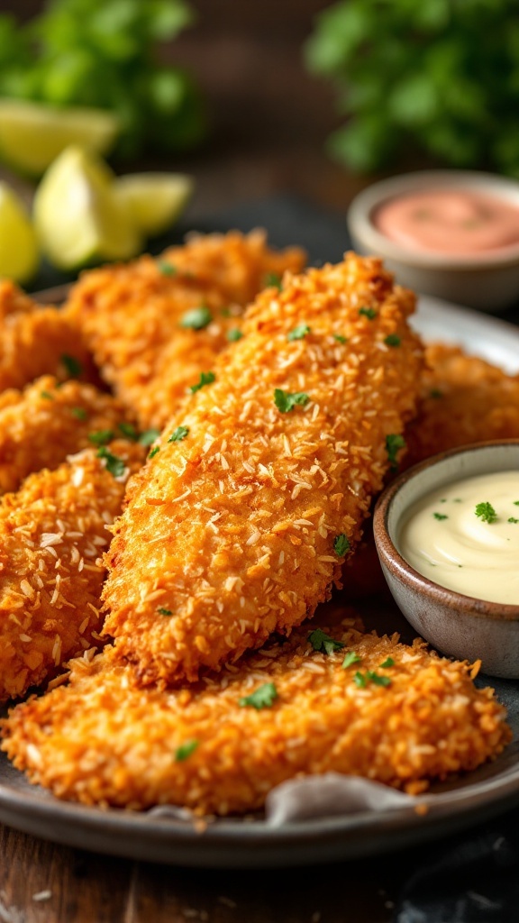 Coconut chicken tenders with dipping sauces on a plate