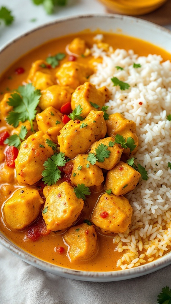 Bowl of coconut curry chicken with rice and cilantro garnish.