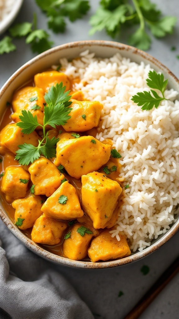 A bowl of Coconut Curry Chicken served with rice and garnished with cilantro.