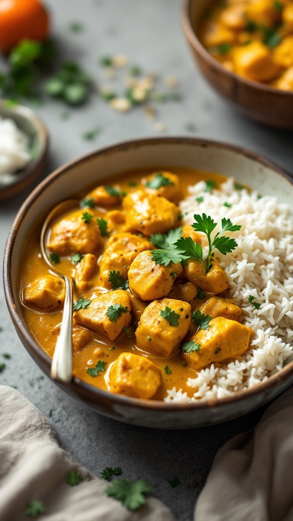 A bowl of coconut curry chicken served with rice, garnished with cilantro.