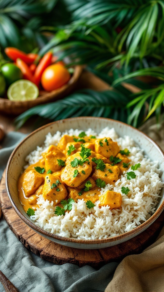 A bowl of Coconut Curry Chicken served over rice, garnished with cilantro.