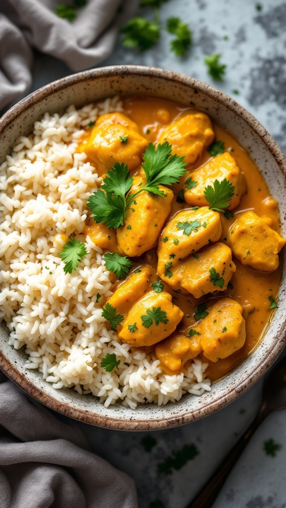 A bowl of Coconut Curry Chicken served with rice and garnished with cilantro