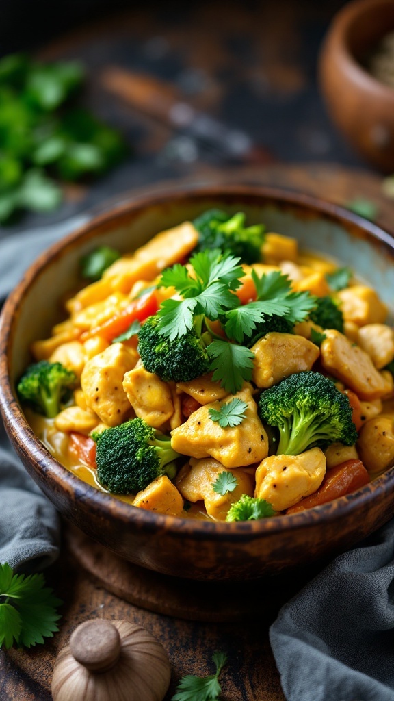 A bowl of coconut curry chicken and broccoli with vibrant colors and garnished with cilantro.