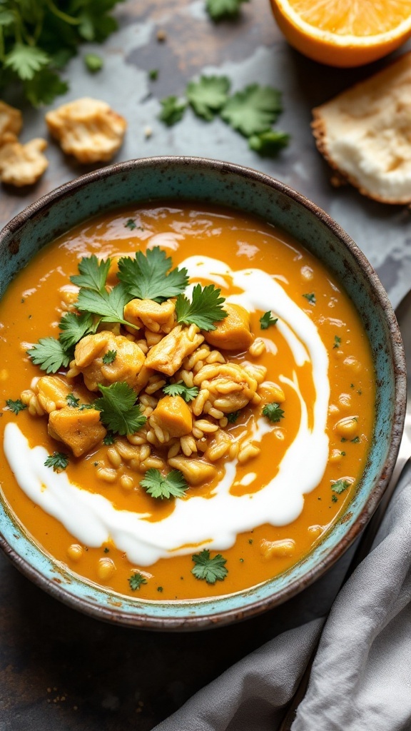 A bowl of Coconut Curry Chicken and Rice Soup garnished with cilantro