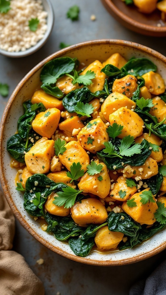 A delicious bowl of coconut curry chicken with spinach garnished with cilantro.