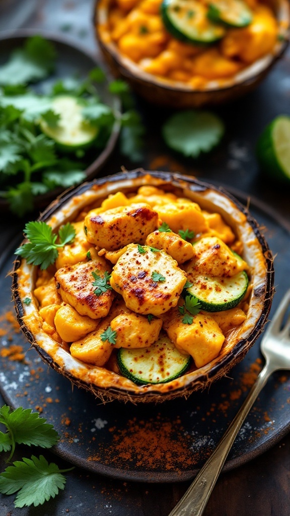 A bowl of Coconut Curry Chicken and Zucchini with cilantro garnish