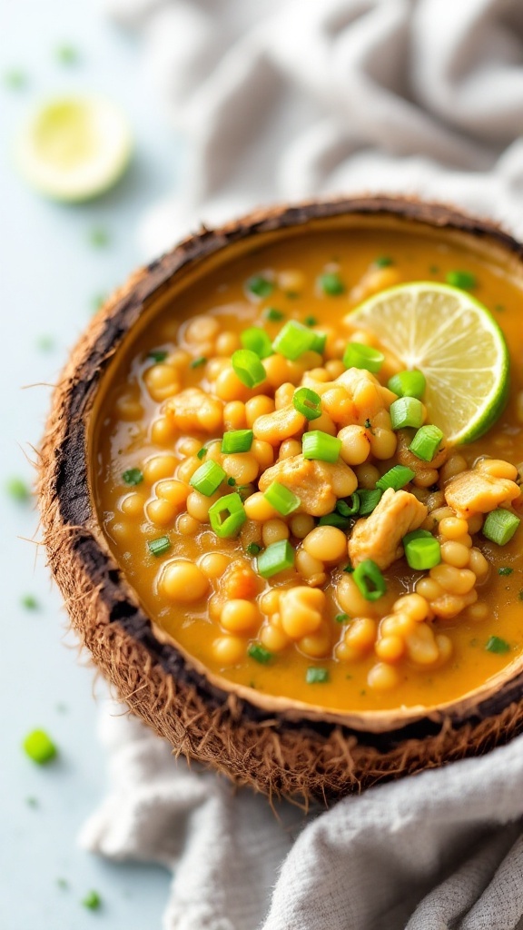 A bowl of coconut curry chicken barley soup topped with green onions and lime.