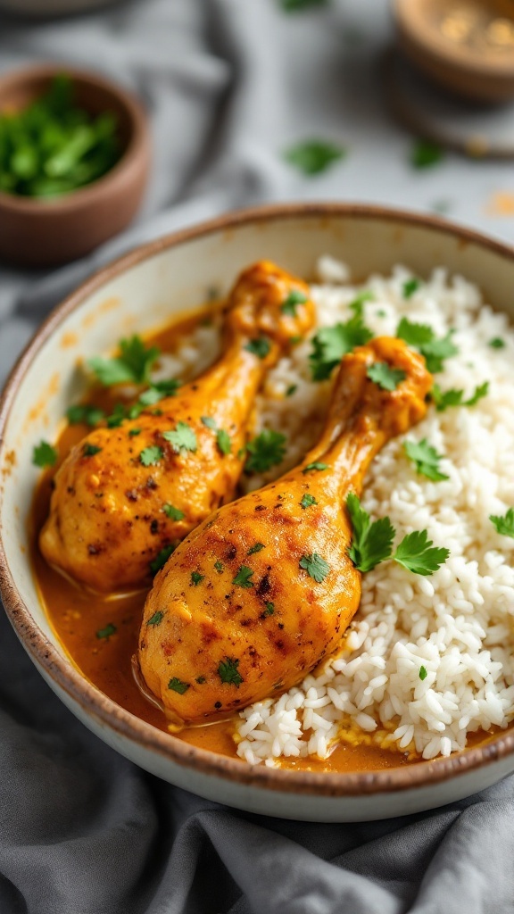 A bowl of coconut curry chicken drumsticks served with rice and garnished with cilantro.