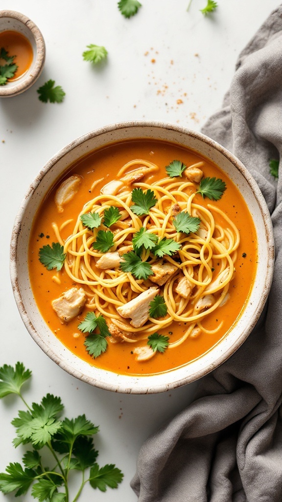 A bowl of Coconut Curry Chicken Noodle Soup garnished with fresh cilantro