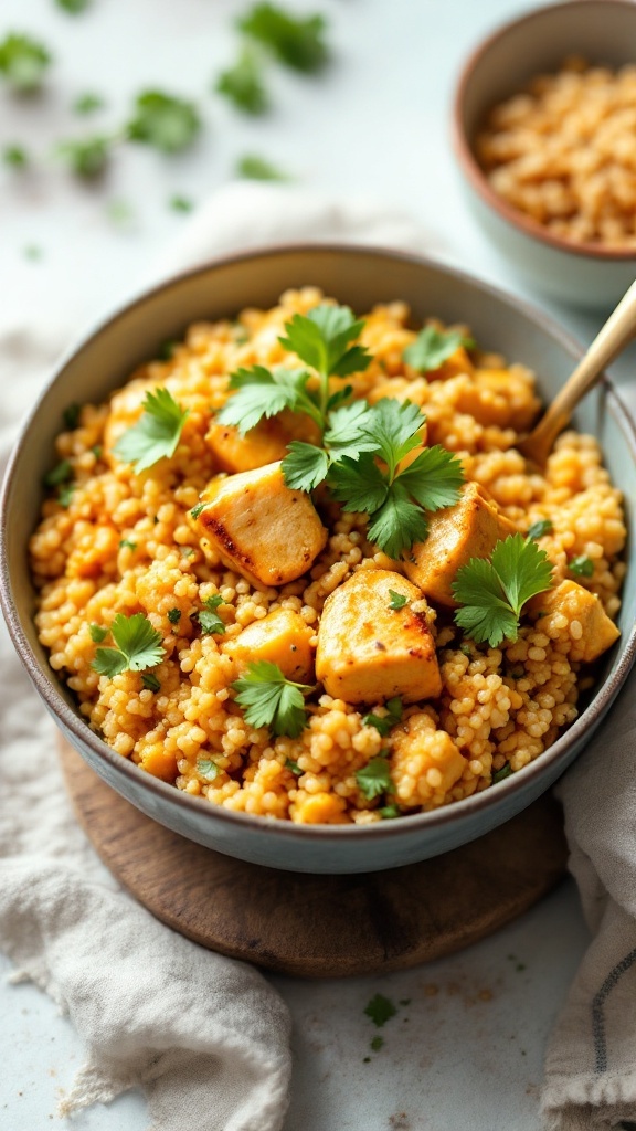 A bowl of Coconut Curry Chicken Quinoa topped with fresh cilantro.