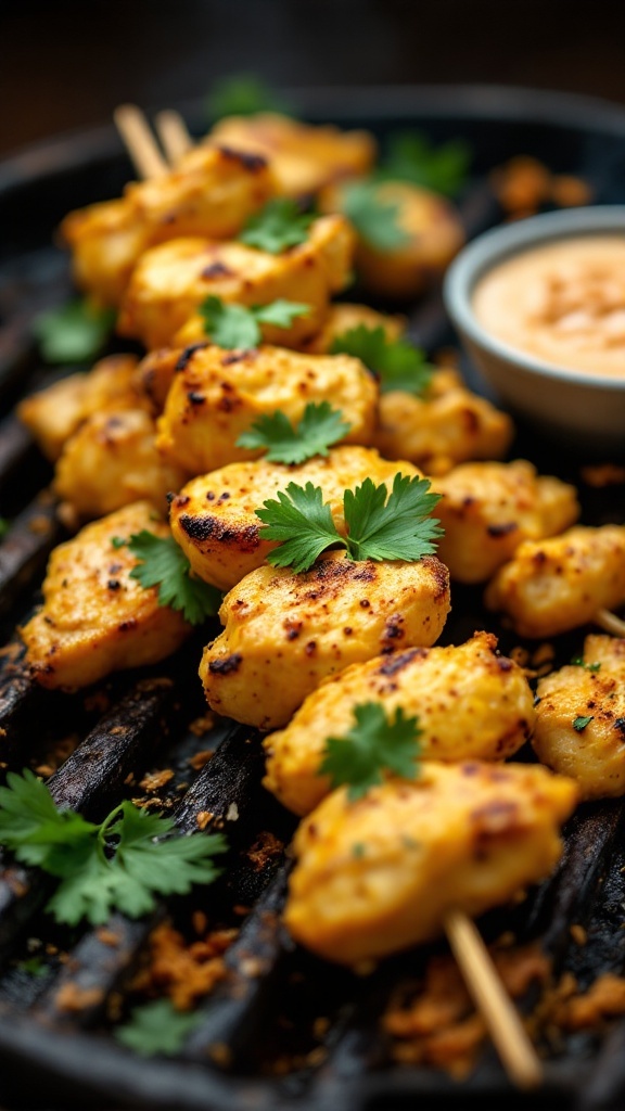 Coconut curry chicken skewers on a grill