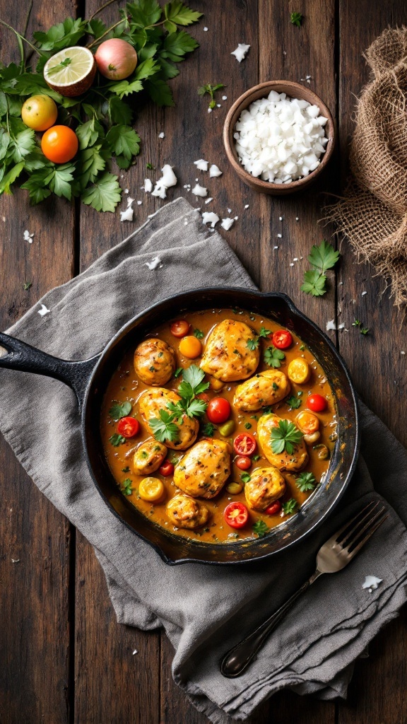 A skillet with coconut curry chicken and colorful vegetables garnished with cilantro.