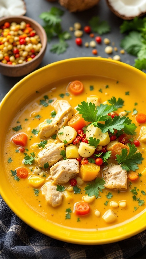 A bowl of coconut curry chicken soup topped with fresh herbs and colorful vegetables