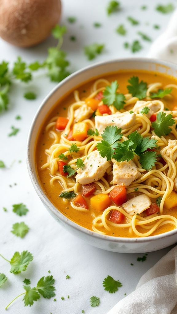 A bowl of coconut curry chicken soup with chicken pieces, colorful vegetables, and cilantro on top.