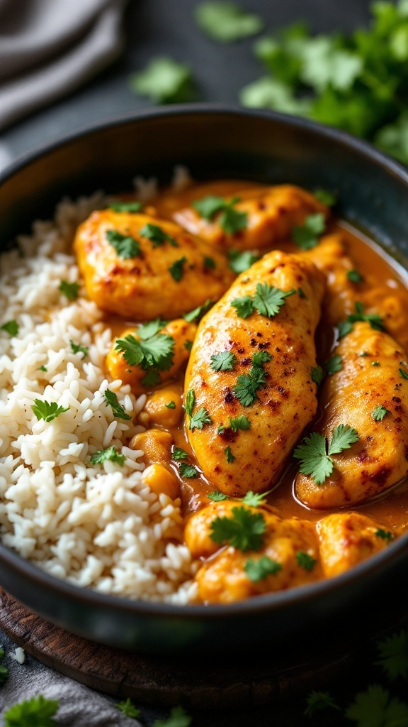 A bowl of coconut curry chicken tenderloins with rice and cilantro.