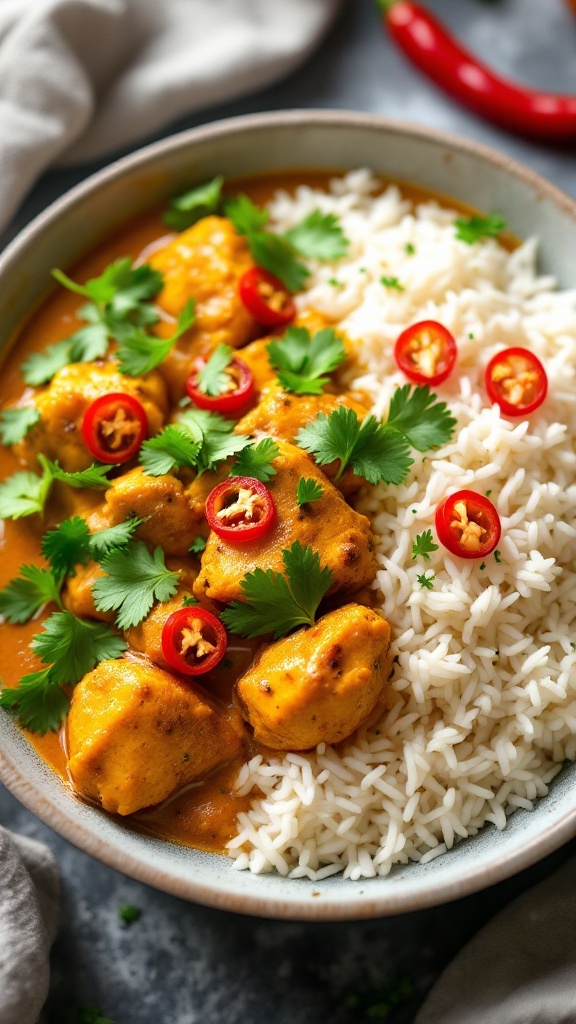 A plate of Coconut Curry Chicken Tikka served with rice, garnished with cilantro and red chilies.