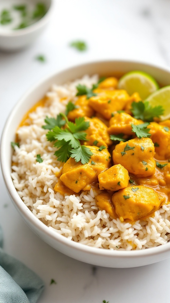 Bowl of coconut curry chicken served with jasmine rice, garnished with lime and cilantro.