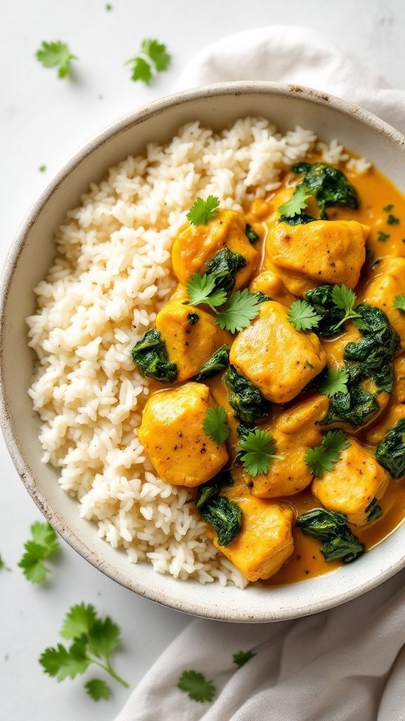 A bowl of coconut curry chicken with spinach served over rice.